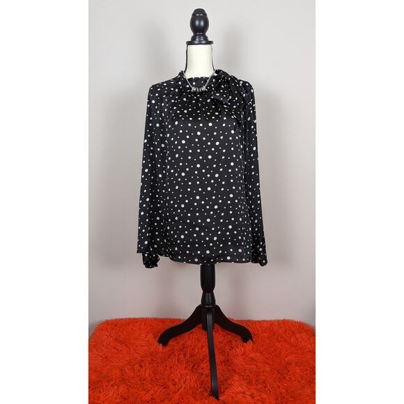 Merona Black & White Polka Dot Button Tie Neck Long Sleeve Satin Blouse Top XXL - Picture 1 of 8